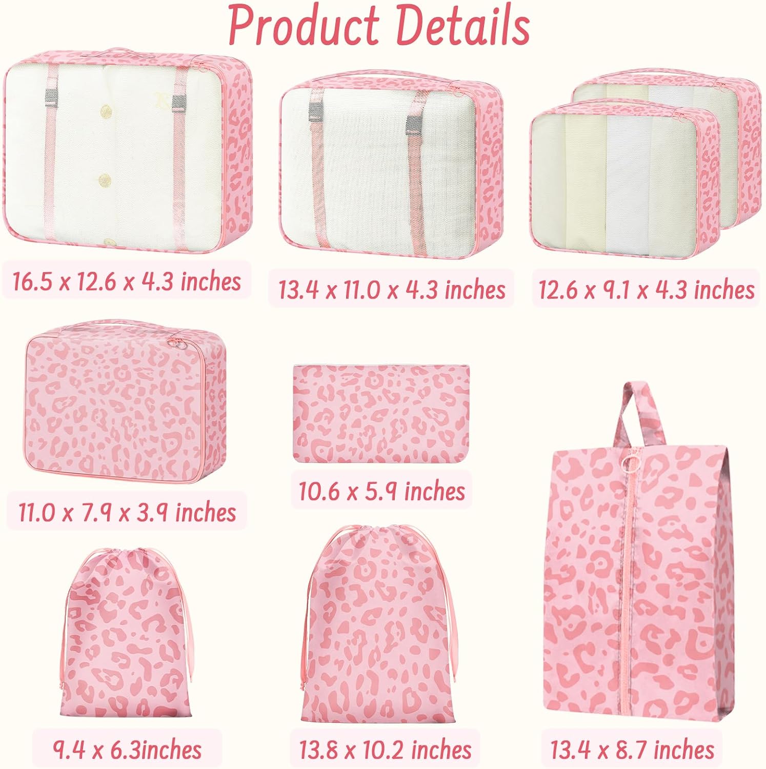 9 Set Packing Cubes for Travel Essentials - Lightweight Carry-On Luggage Organizer Bags with Shoe, Clothes & Laundry Bags for Airplane, Family & Business Travel, Pink leopard print - Image 2