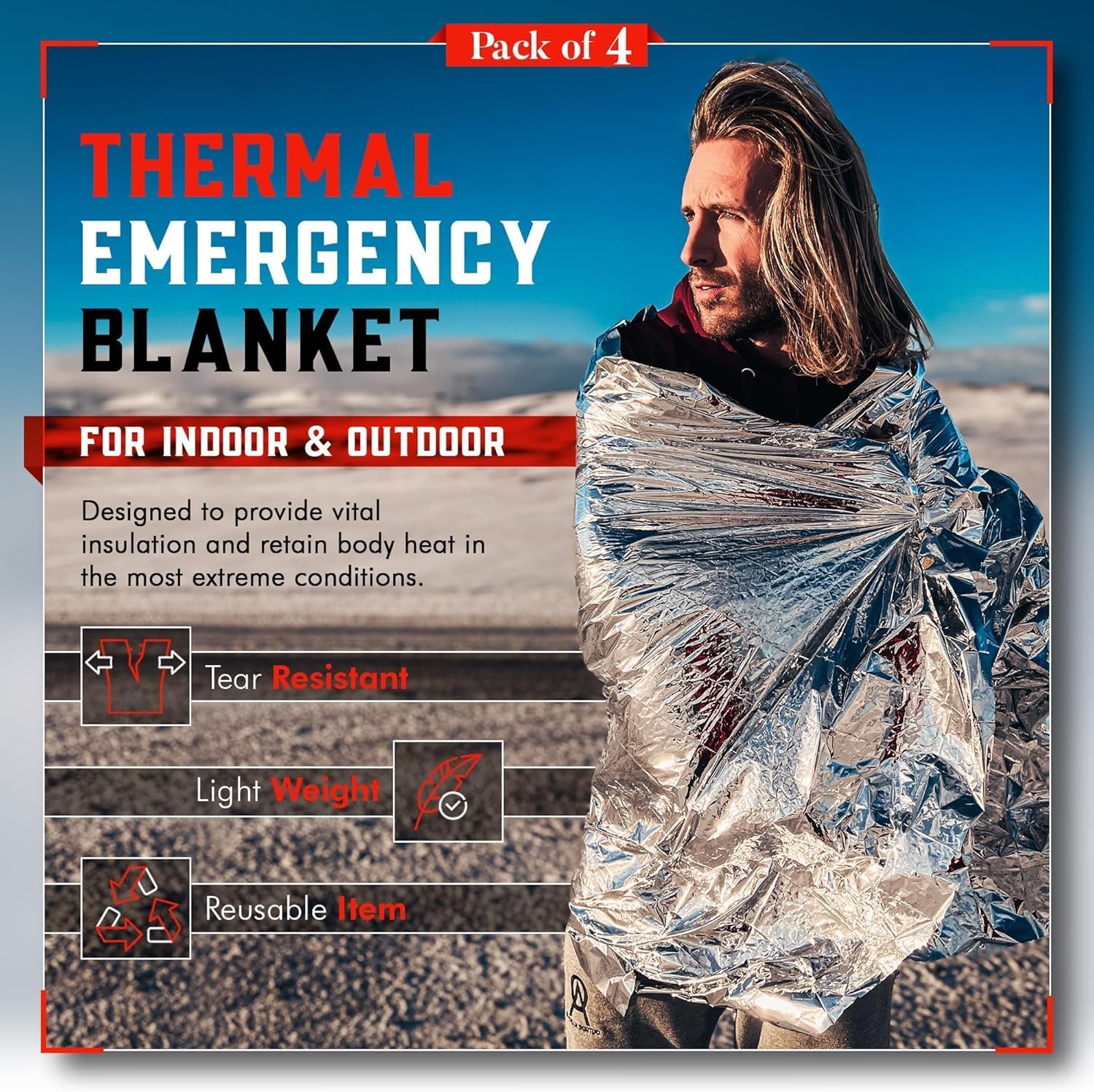 Emergency Blanket Mylar Thermal Space Survival Gear & Supplies 4-Pack Foil - Image 2